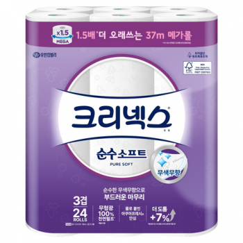 크리넥스 순수소프트 천연펄프 3겹 롤화장지 37m 24개입